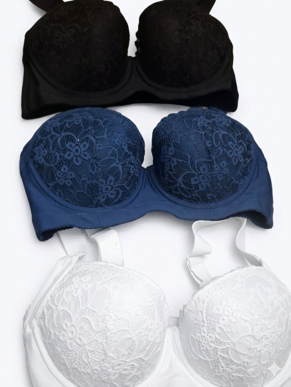 3-piece lace bra set, Black, Steel Blue, White